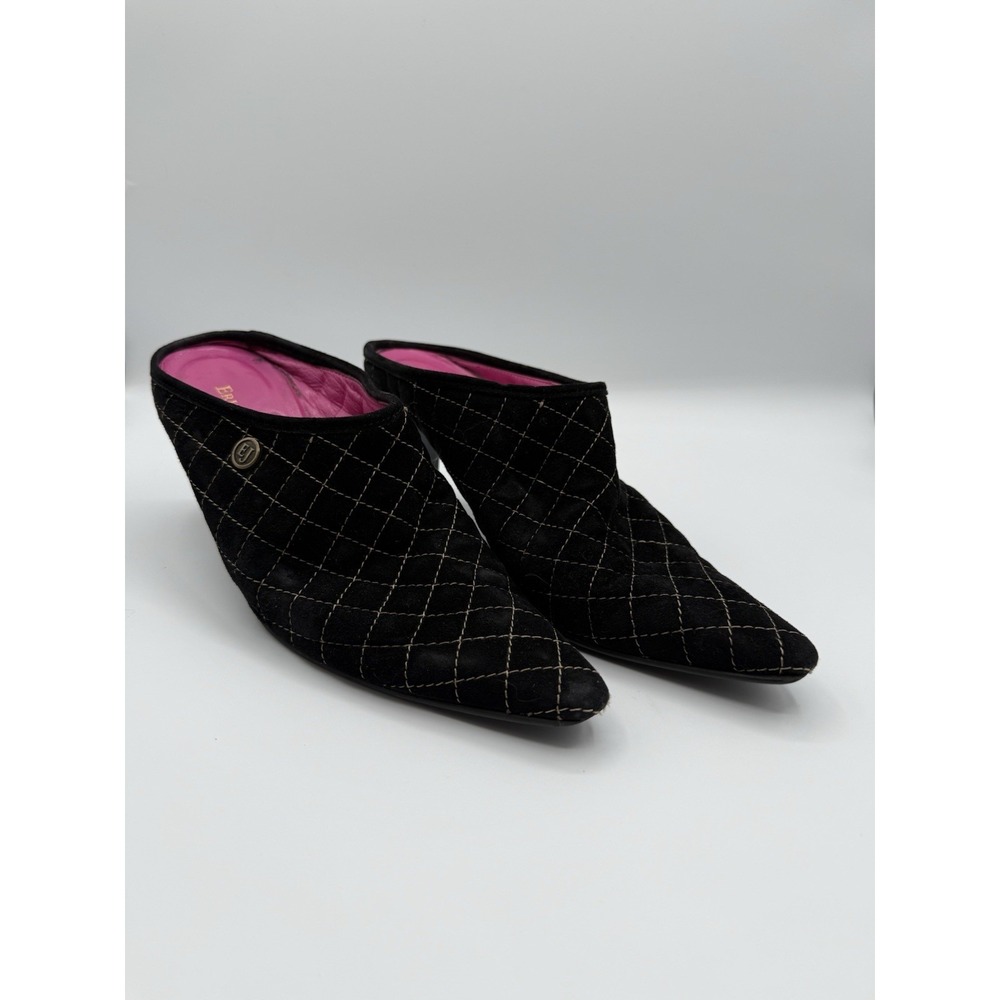 Eric Javits Quilted Black Suede Pointed-Toe Mules Heels Size 7.5